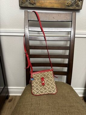 Dooney & Bourke Tan Signature Crossbody with Red Trim
